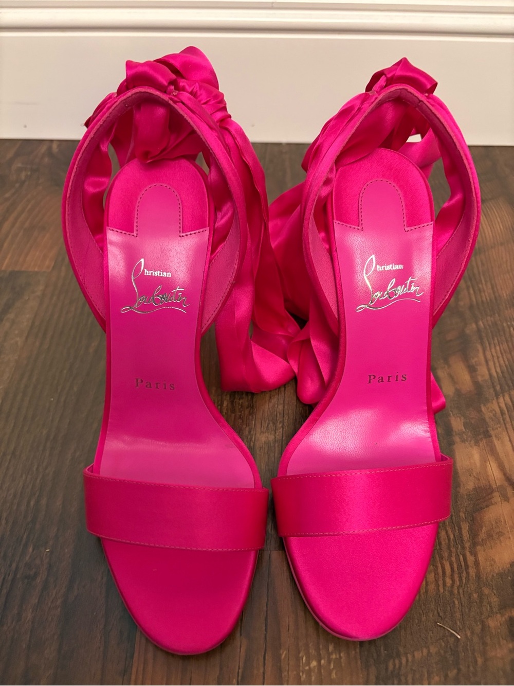 Christian Louboutin Hot Pink Satin Ankle-Tie Sandals - Picture 2 of 10